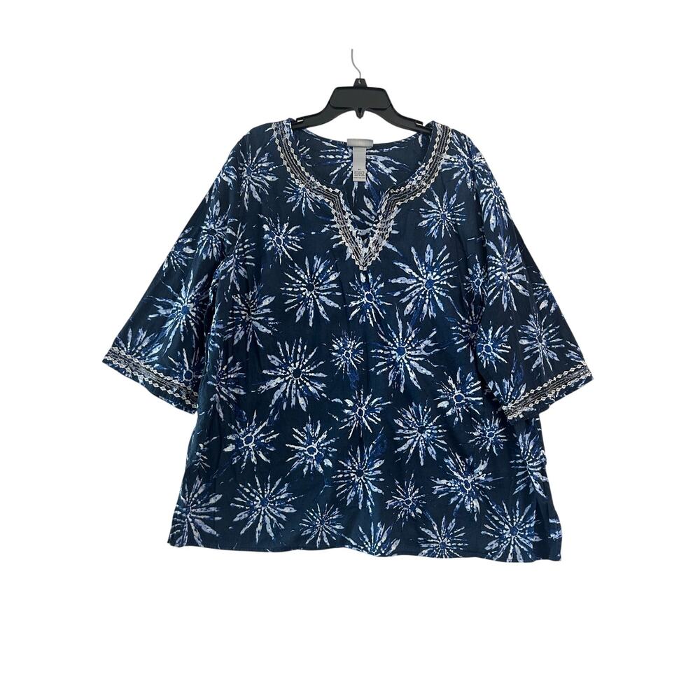 Catherines Navy Tie Dye Fun Tunic Top 3X Cotton Beachy Patriotic